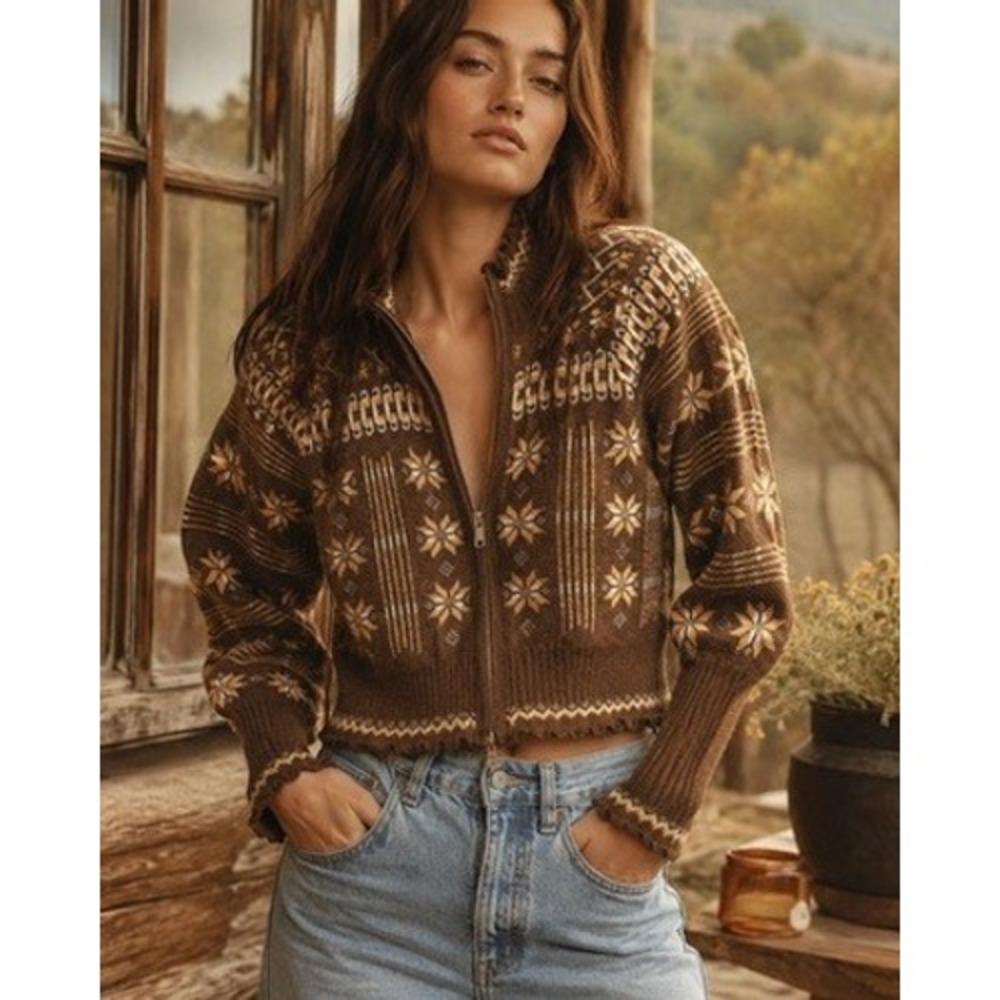 House of Harlow 1960 Brown Fair Isle Full Zip Mock Neck Cropped Sweater Medium